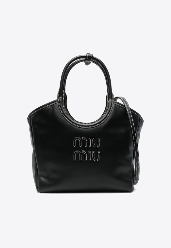 Miu Miu Ivy Logo Patch Calf Leather Tote Bag Black 5BA284VOON2CRW_F0002