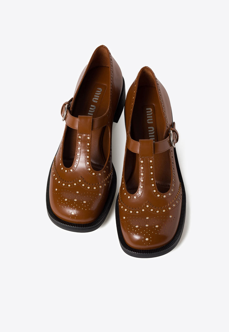 Miu Miu T-strap Leather Brogue Shoes Brown 5E303EF035055_F0B24