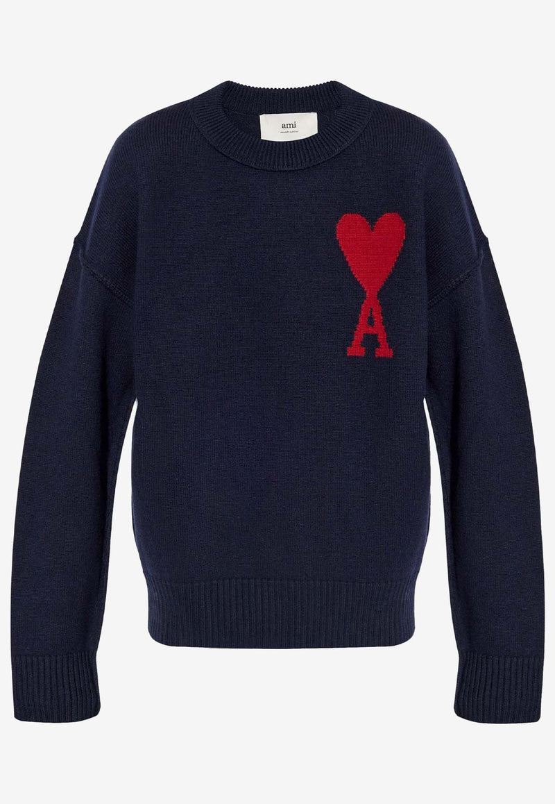 AMI PARIS Ami De Coeur Intarsia Knit Wool Sweater Navy UKS006018_414