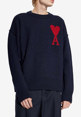 AMI PARIS Ami De Coeur Intarsia Knit Wool Sweater Navy UKS006018_414