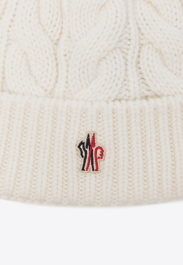 Moncler Grenoble Cable Knit Logo Pom Pom Beanie White J20983B00011A0069_002