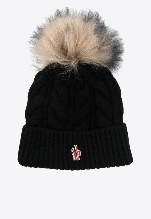 Moncler Grenoble Cable Knit Logo Pom Pom Beanie Black J20983B00011A0069_999