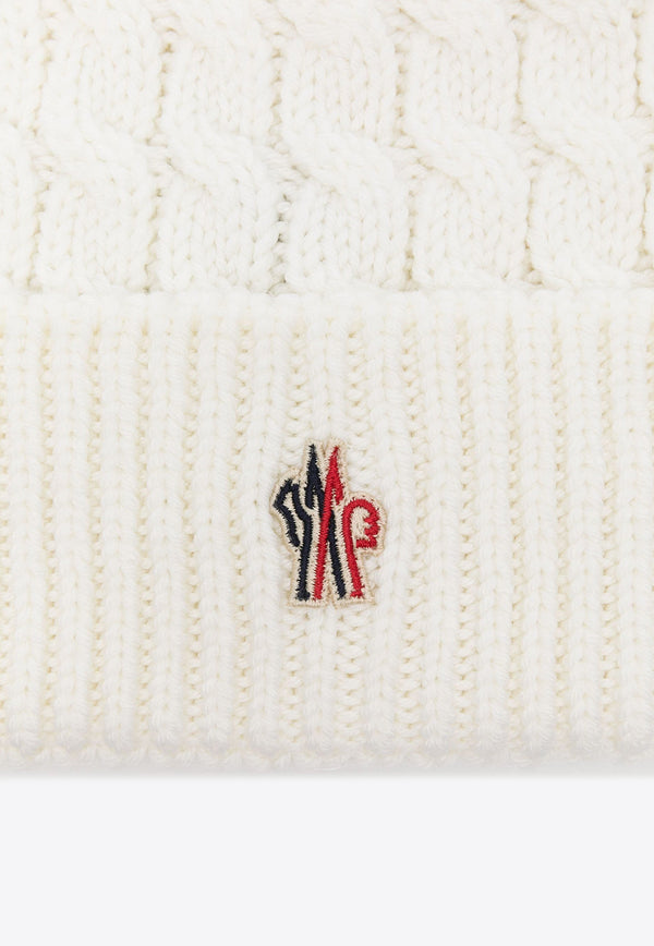 Moncler Grenoble Logo Patch Cable Knit Pom Pom Beanie White J20983B000080402A_002