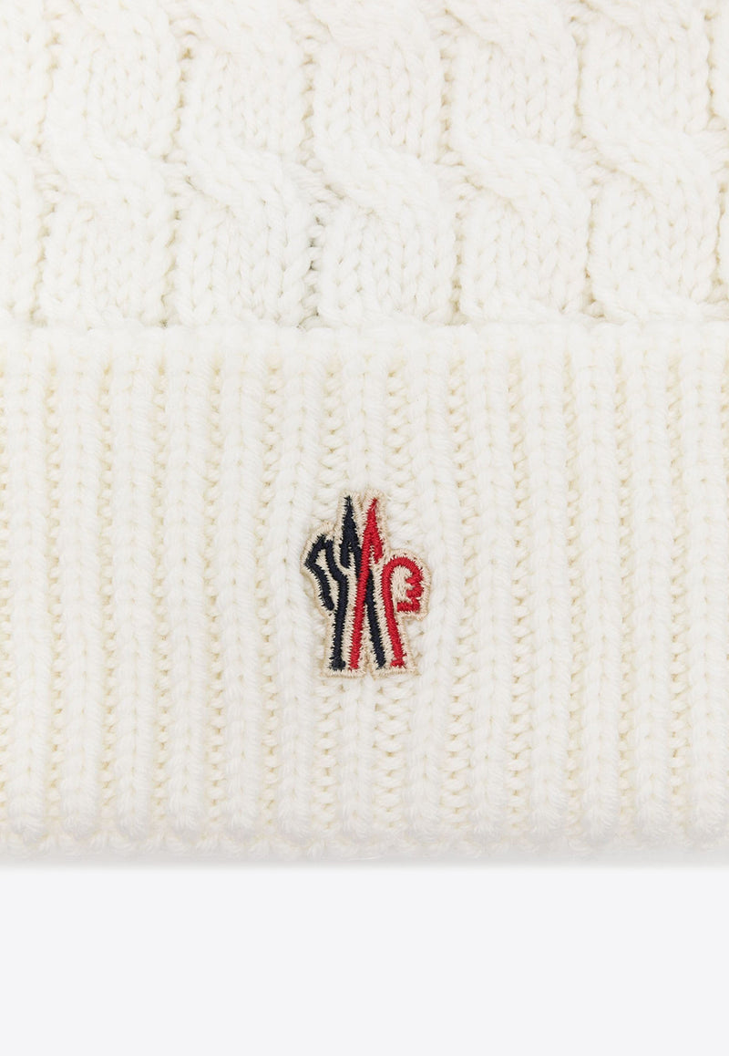 Moncler Grenoble Logo Patch Cable Knit Pom Pom Beanie White J20983B000080402A_002