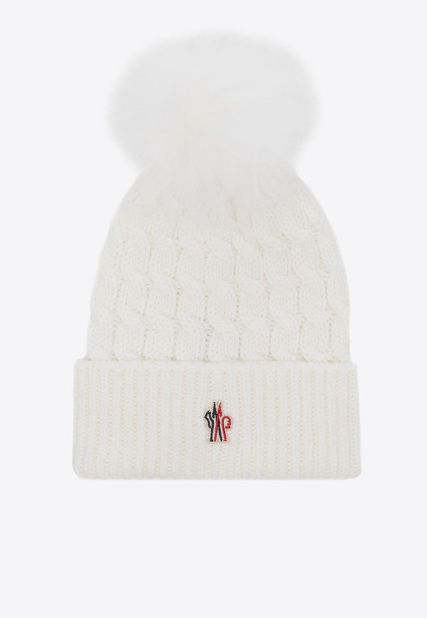 Moncler Grenoble Logo Patch Cable Knit Pom Pom Beanie White J20983B000080402A_002