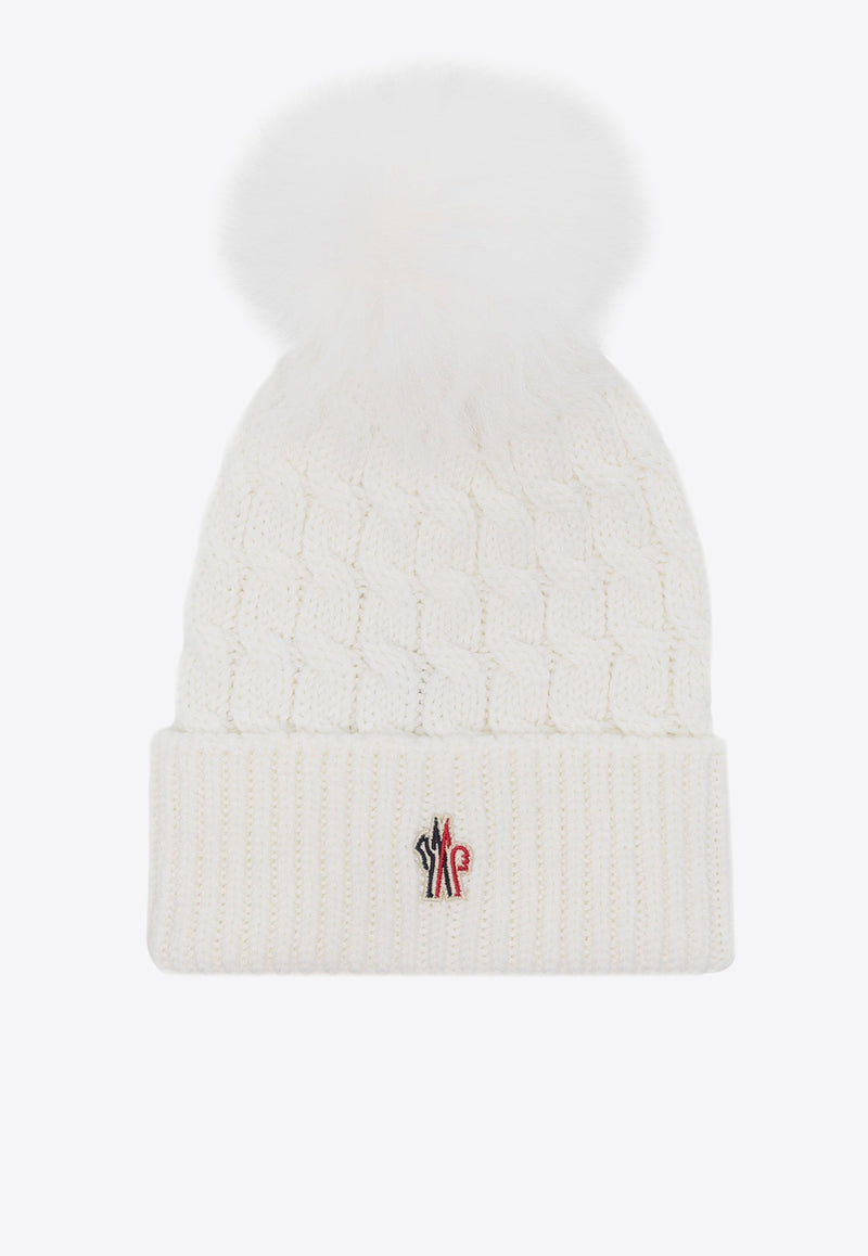 Moncler Grenoble Logo Patch Cable Knit Pom Pom Beanie White J20983B000080402A_002