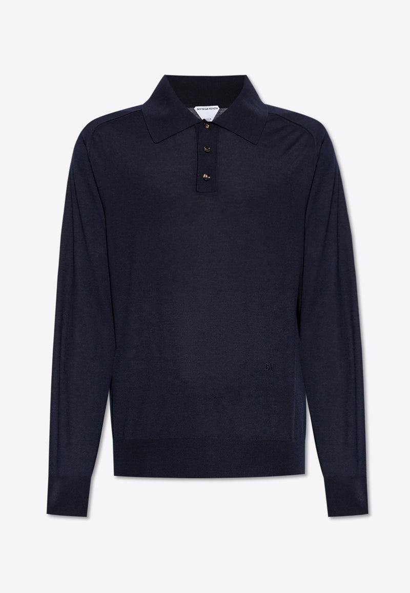 Bottega Veneta Long-Sleeved Wool Polo Sweater Navy 793811 V4BF0-4121