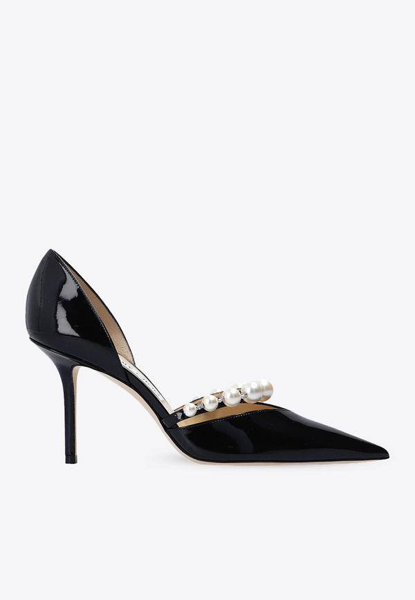 Jimmy Choo Aurelie 85 Pearl Embellished Patent Leather Pumps Black AURELIE 85 XKM-BLACK WHITE