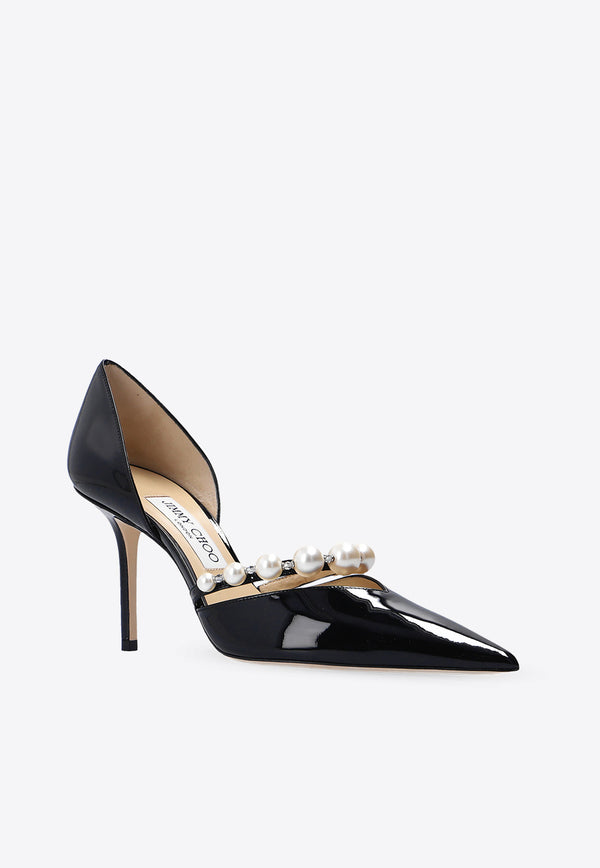 Jimmy Choo Aurelie 85 Pearl Embellished Patent Leather Pumps Black AURELIE 85 XKM-BLACK WHITE