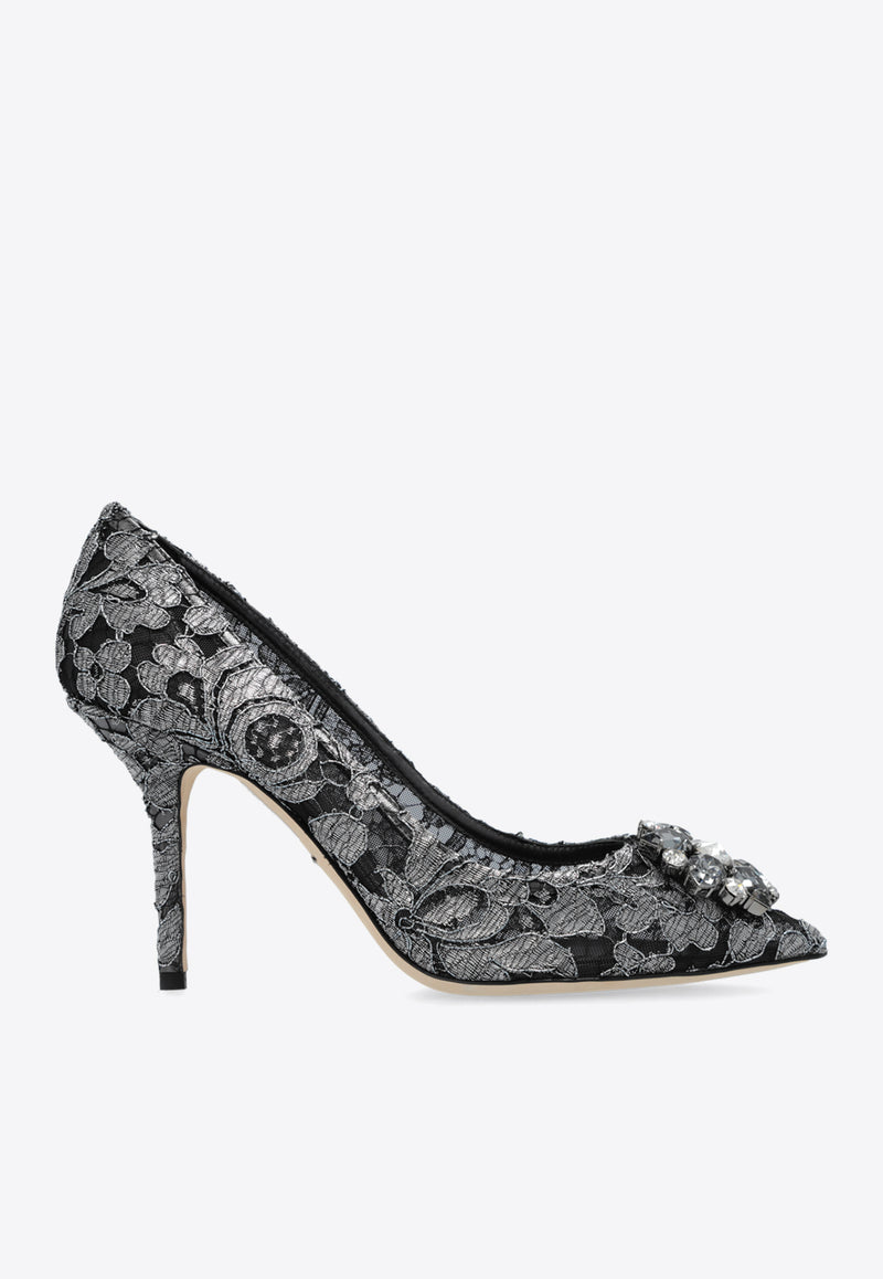 Dolce & Gabbana Bellucci 90 Brooch Embellished Lace Pumps Gray CD0101 AE637-87505