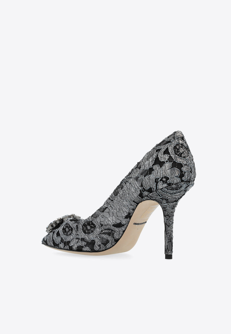 Dolce & Gabbana Bellucci 90 Brooch Embellished Lace Pumps Gray CD0101 AE637-87505