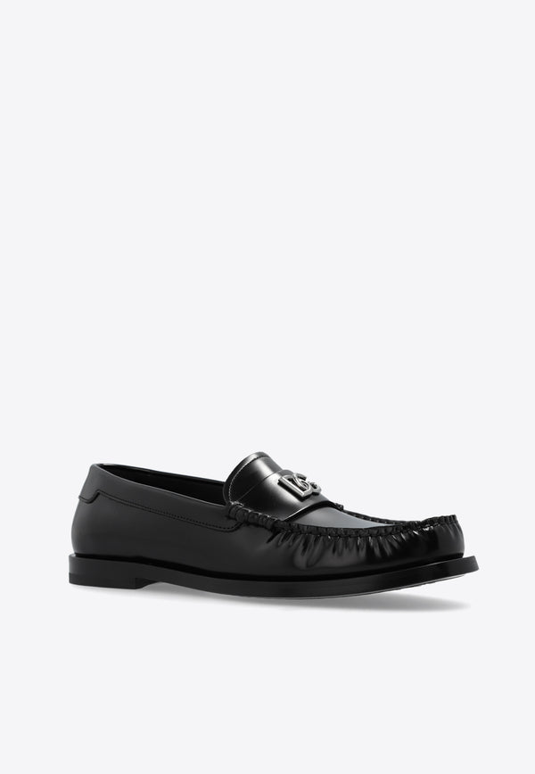 Dolce & Gabbana DG Logo Brushed Leather Loafers Black CM0074 AQ237-80999