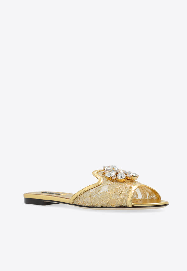 Dolce & Gabbana Bianca Taormina Lace Flat Sandals Gold CQ0023 AE637-80997