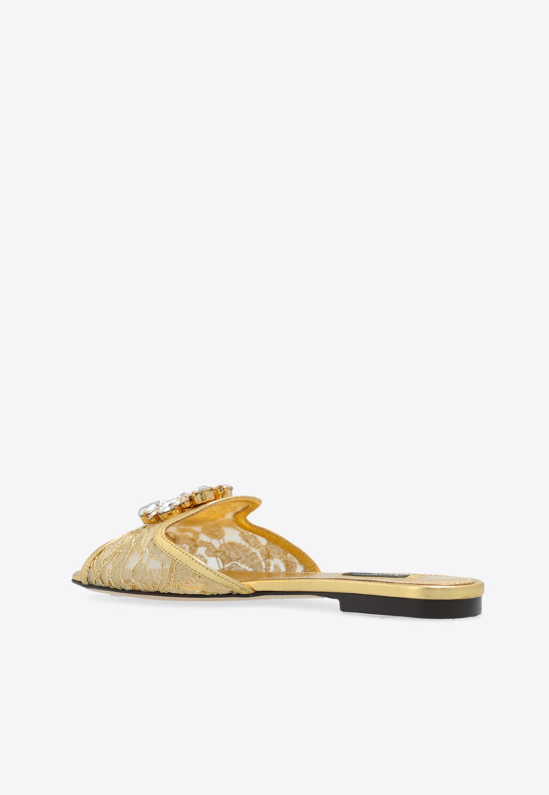 Dolce & Gabbana Bianca Taormina Lace Flat Sandals Gold CQ0023 AE637-80997