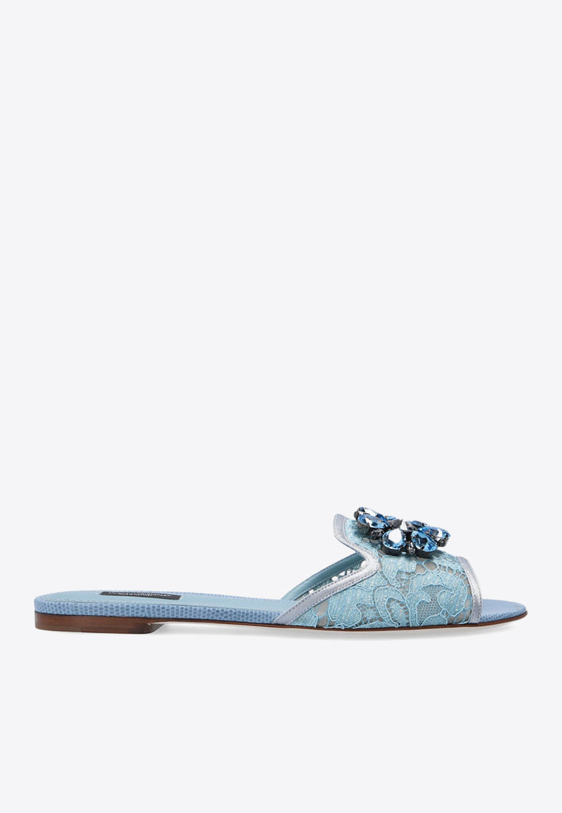 Dolce & Gabbana Bianca Crystal Embellished Lace Flat Sandals Light Blue CQ0023 AG667-80605