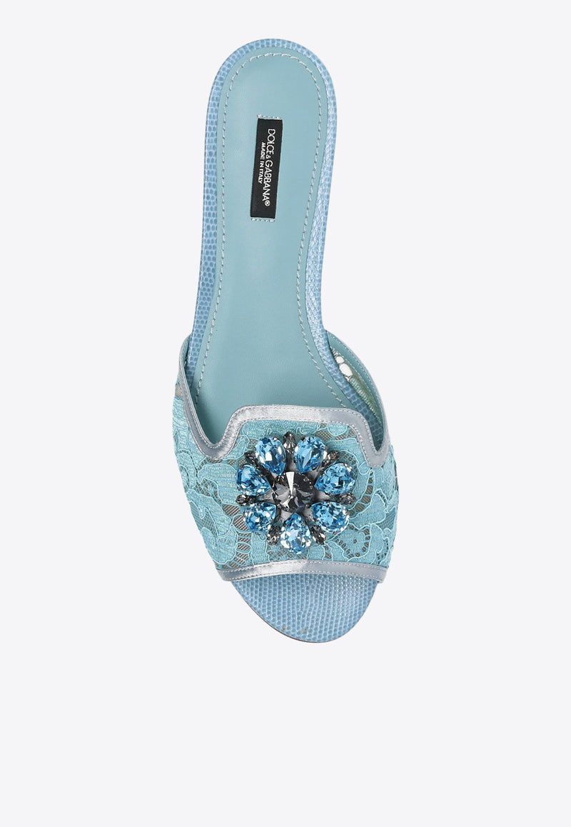 Dolce & Gabbana Bianca Crystal Embellished Lace Flat Sandals Light Blue CQ0023 AG667-80605