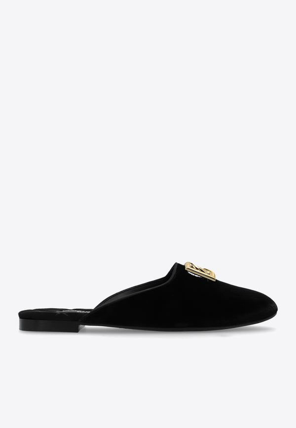 Dolce & Gabbana Jackie DG Logo Velvet Flat Mules Black CI0177 A4195-80999