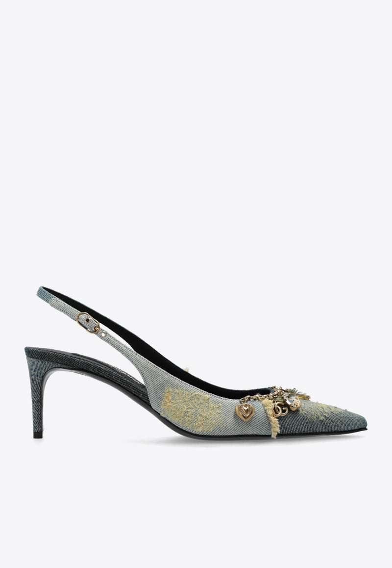 Dolce & Gabbana 65 Charm Embellished Slingback Denim Pumps Blue CG0822 A5649-80650