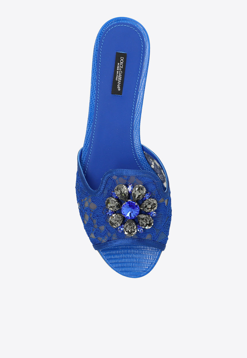 Dolce & Gabbana Bianca Crystal Embellished Lace Flat Sandals  Blue CQ0023 AG667-80650