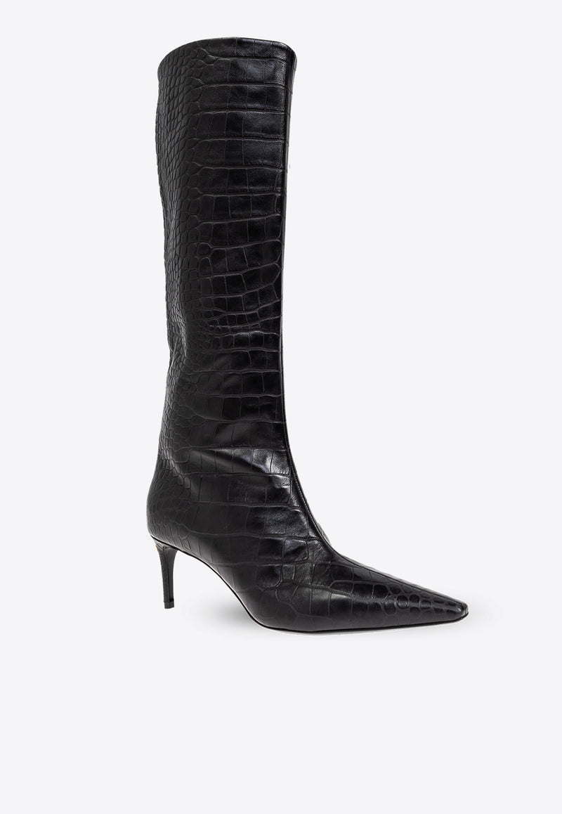 Dolce & Gabbana Mun 105 Croc-Embossed Leather Knee-High Boots Black CU1139 AC606-80999