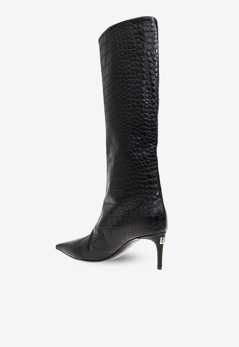 Dolce & Gabbana Mun 105 Croc-Embossed Leather Knee-High Boots Black CU1139 AC606-80999