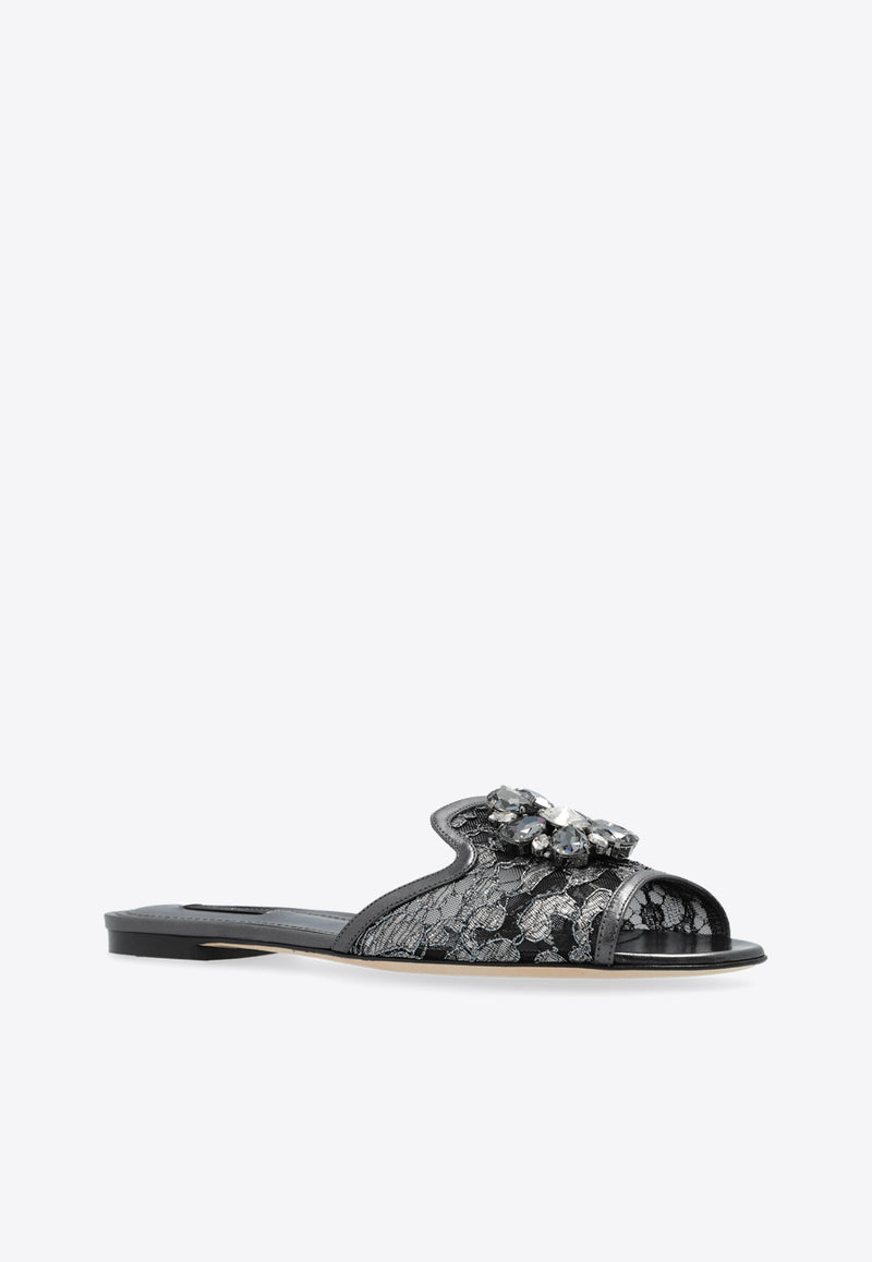 Dolce & Gabbana Bianca Lurex Lace Flat Sandals Gray CQ0023 AE637-87505