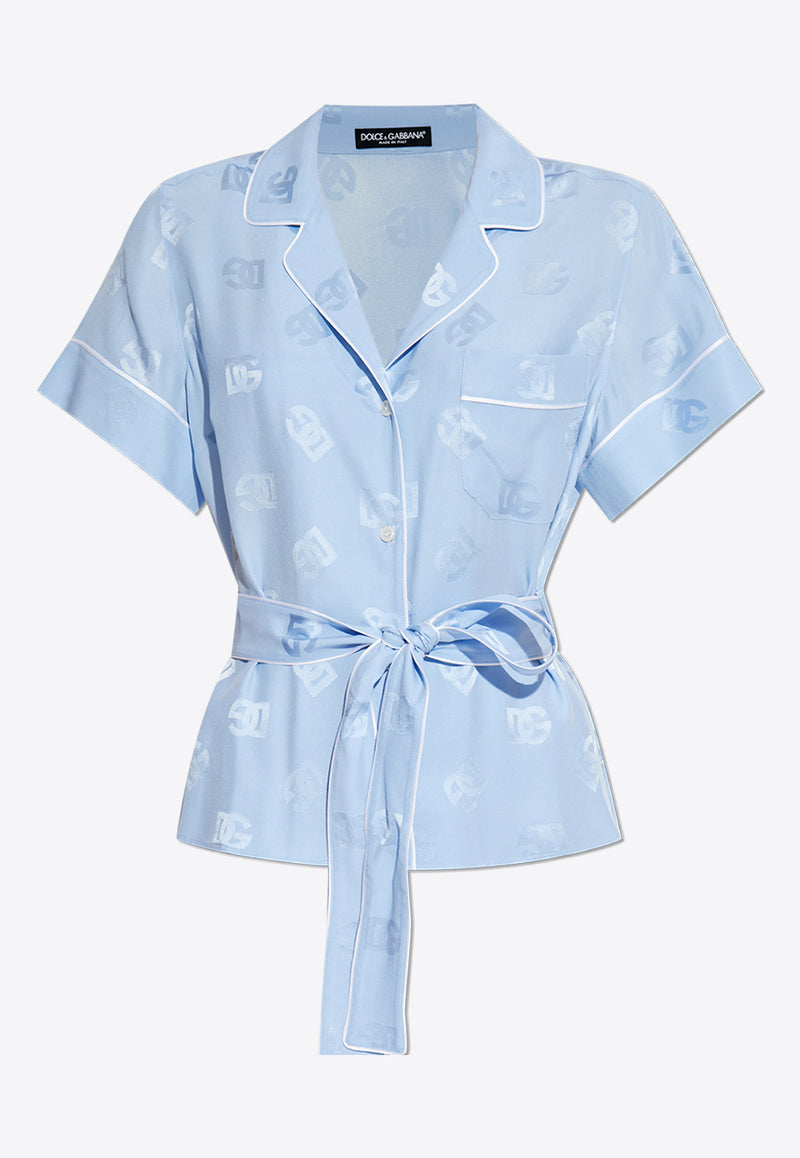 Dolce & Gabbana Silk Satin Logo Jacquard Pajama Shirt Light Blue F5G67T FJ1JO-F3981