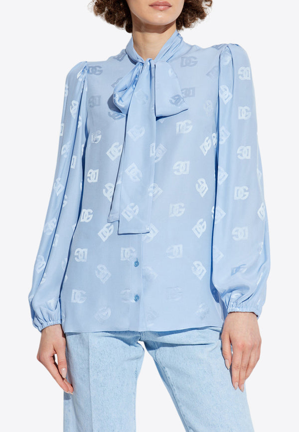 Dolce & Gabbana Silk Satin Logo Jacquard Shirt Light Blue F5Q44T FJ1JO-F3981