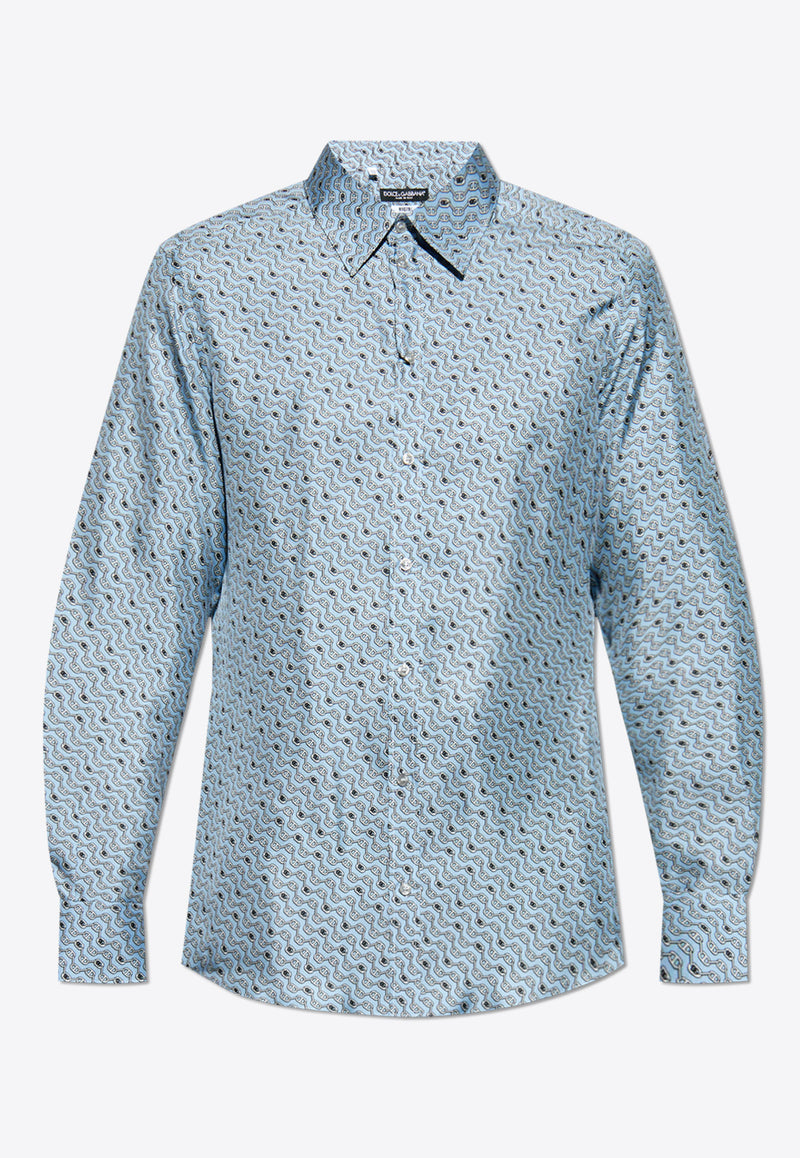 Dolce & Gabbana Tie Print Button-Up Silk Shirt Light Blue G5LB0T IS1V5-HC5FY