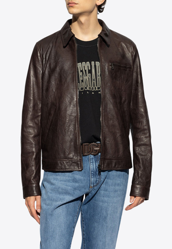 Dolce & Gabbana Zip-Up Leather Jacket Brown G9BEIL HULT3-M1348