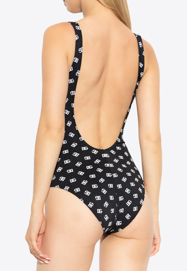 Dolce & Gabbana DG Logo Print One-Piece Racing Swimsuit Black O9A46J ON02A-HNVAW