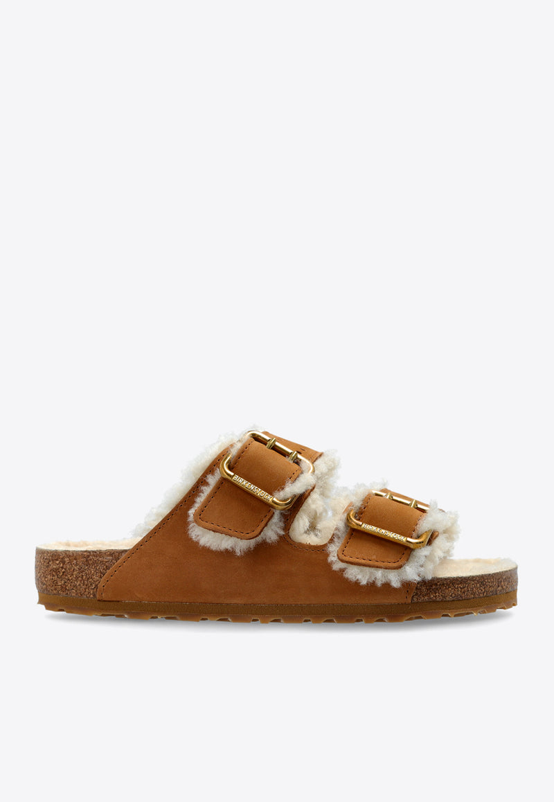 Birkenstock Arizona Bold Two-Strap Shearling Slides Cognac 1023568 0-CURLY SHEARL COGNAC