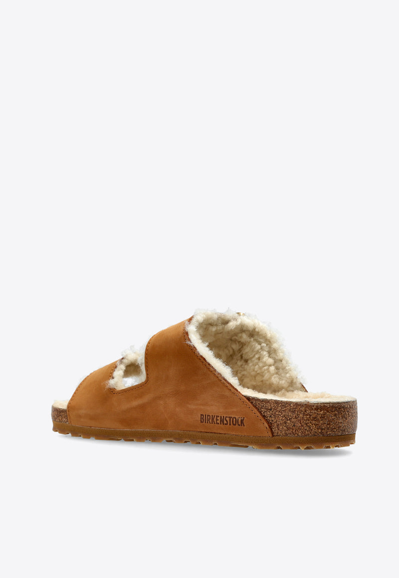 Birkenstock Arizona Bold Two-Strap Shearling Slides Cognac 1023568 0-CURLY SHEARL COGNAC