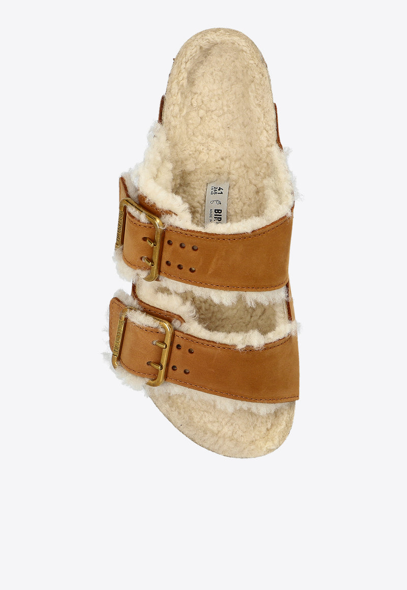 Birkenstock Arizona Bold Two-Strap Shearling Slides Cognac 1023568 0-CURLY SHEARL COGNAC