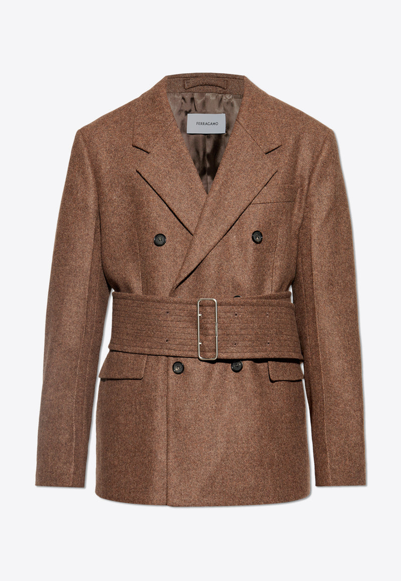 Salvatore Ferragamo Double-Breasted Belted Wool Coat Brown 144174 G 778276-SWEDISH CLAY