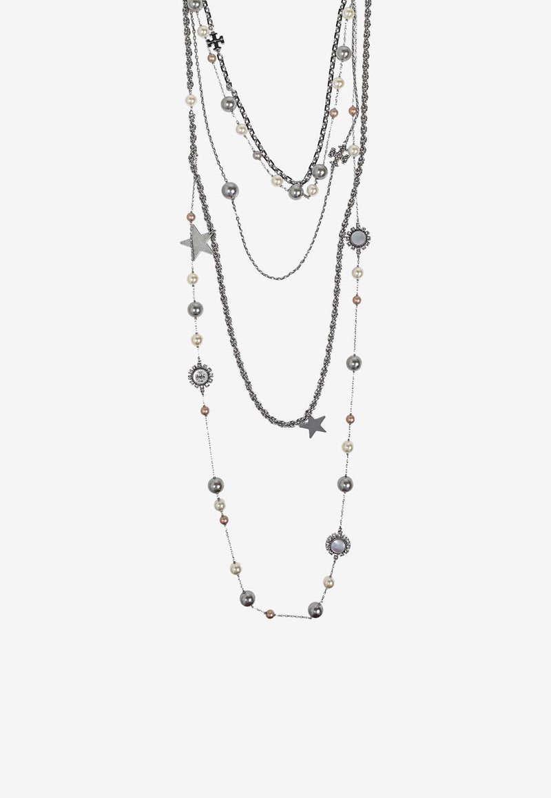 Tory Burch Crystal and Pearl Layered Necklace Silver 161050 0-056