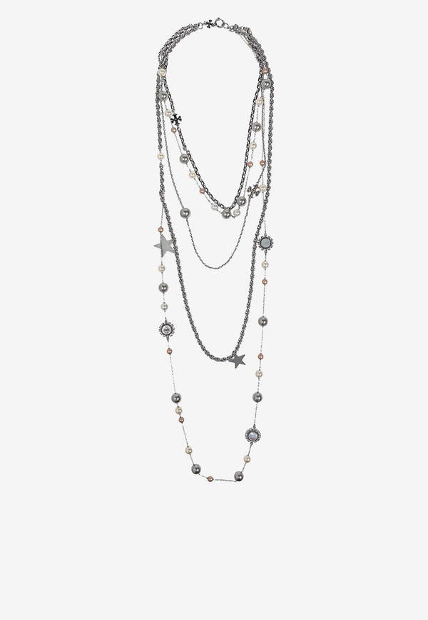 Tory Burch Crystal and Pearl Layered Necklace Silver 161050 0-056