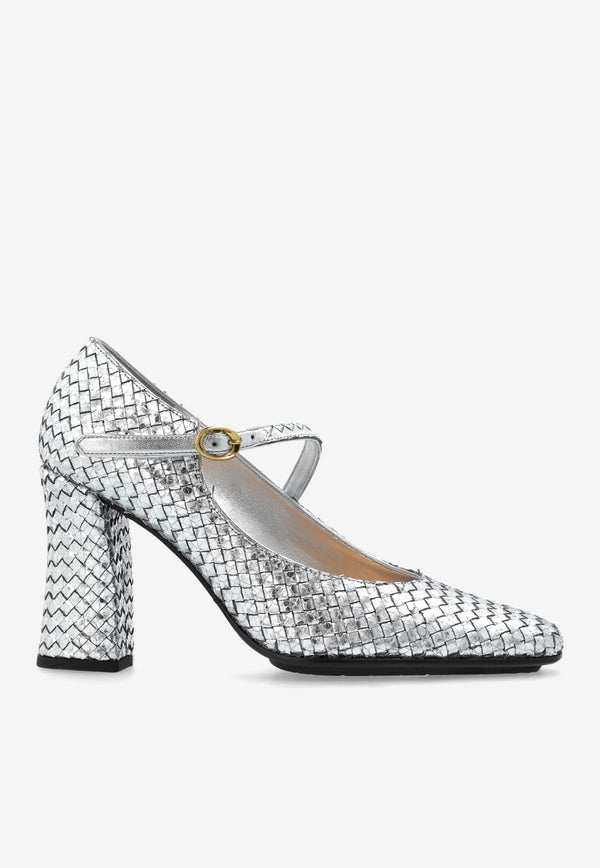 Bottega Veneta Step 85 Metallic Leather Mary-Jane Pumps Silver 807016 V3P71-1414