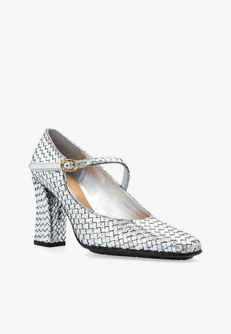 Bottega Veneta Step 85 Metallic Leather Mary-Jane Pumps Silver 807016 V3P71-1414