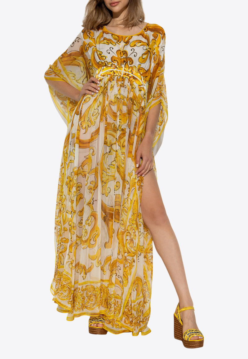 Dolce & Gabbana Majolica-Print Silk Chiffon Maxi Kaftan Dress Yellow F6JDFT HI1TZ-H95DQ