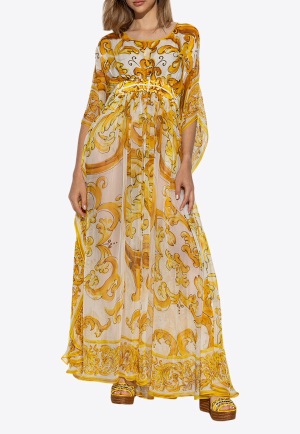 Dolce & Gabbana Majolica-Print Silk Chiffon Maxi Kaftan Dress Yellow F6JDFT HI1TZ-H95DQ