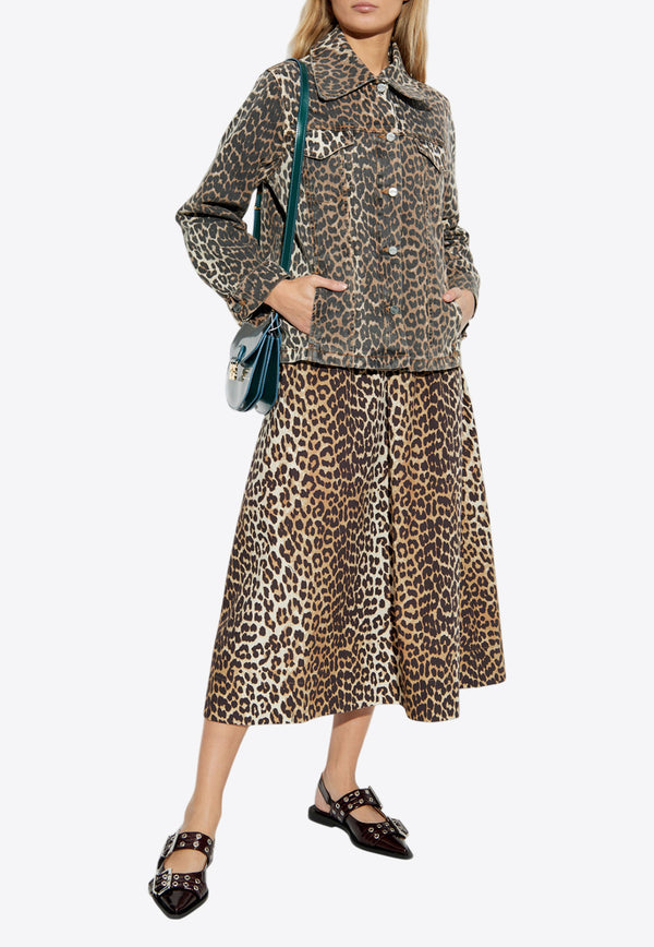 GANNI Leopard Print Midi A-line Skirt Brown F9365 6488-943