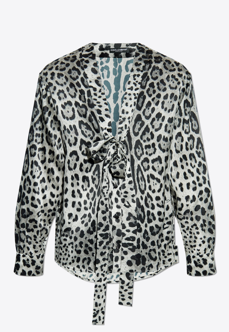 Dolce & Gabbana Leopard-Print Silk Shirt with Bow Gray G5MI0T IS1WT-HI13N