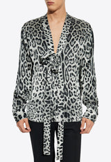 Dolce & Gabbana Leopard-Print Silk Shirt with Bow Gray G5MI0T IS1WT-HI13N