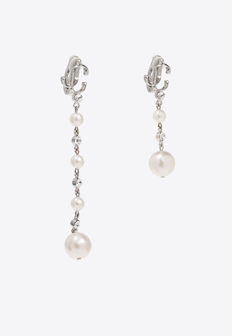 Crystals and Pearls Logo Drop Earrings Jimmy Choo PEARL DROP CLIP ON XYY-SILVER WHITE CRYSTAL