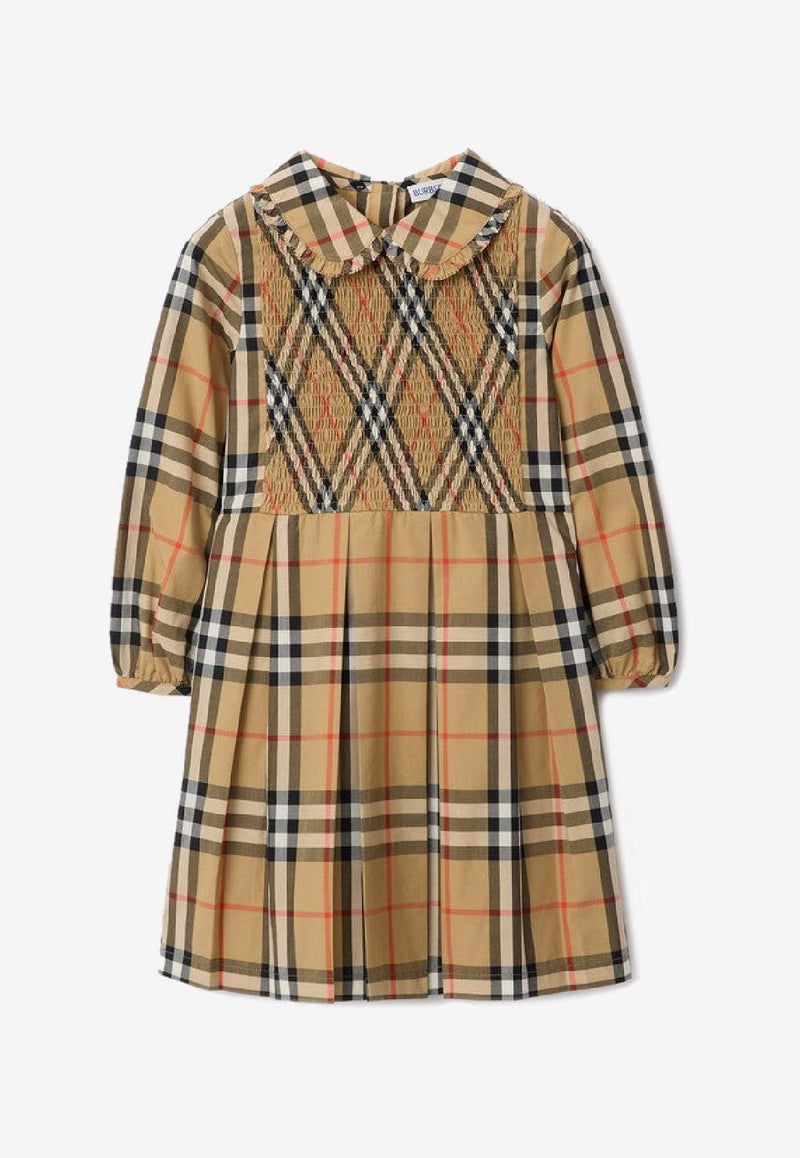 Burberry Kids Girls Vintage Check Shirred Mini Dress Beige 8108991161801/R_BURBE-B9368