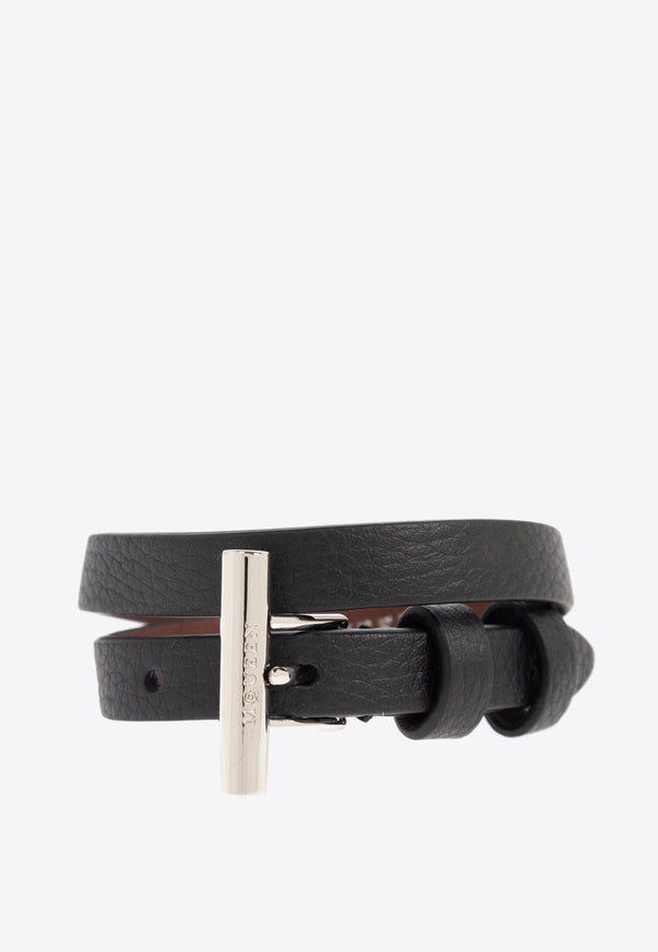 Alexander McQueen T-Bar Double Wrap Leather Bracelet 813472 1AAUG-1000