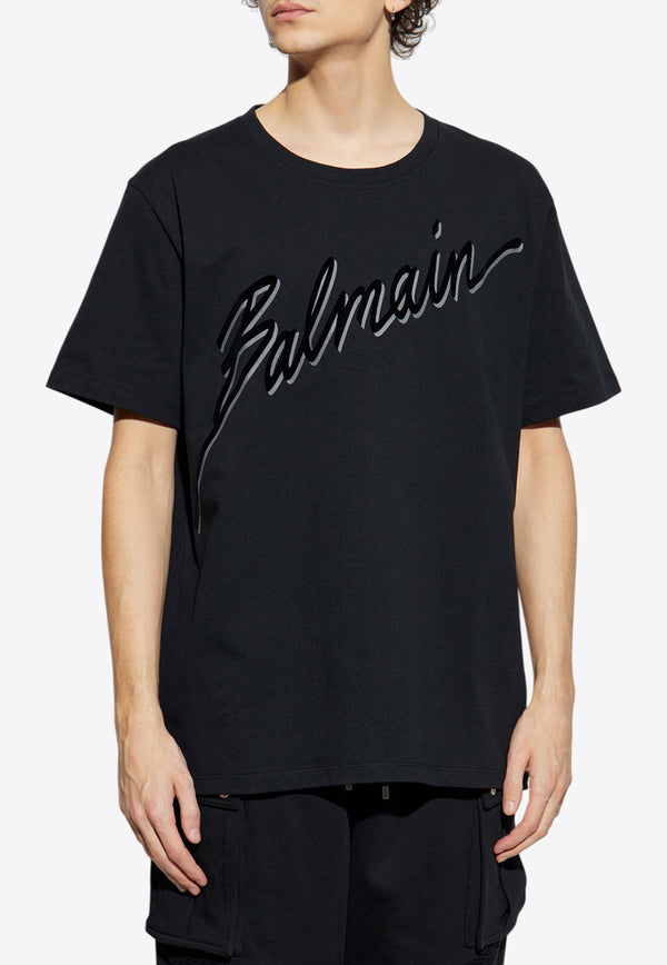 Balmain Flocked-Logo Crewneck T-shirt EH1EG010 BC86-EAP