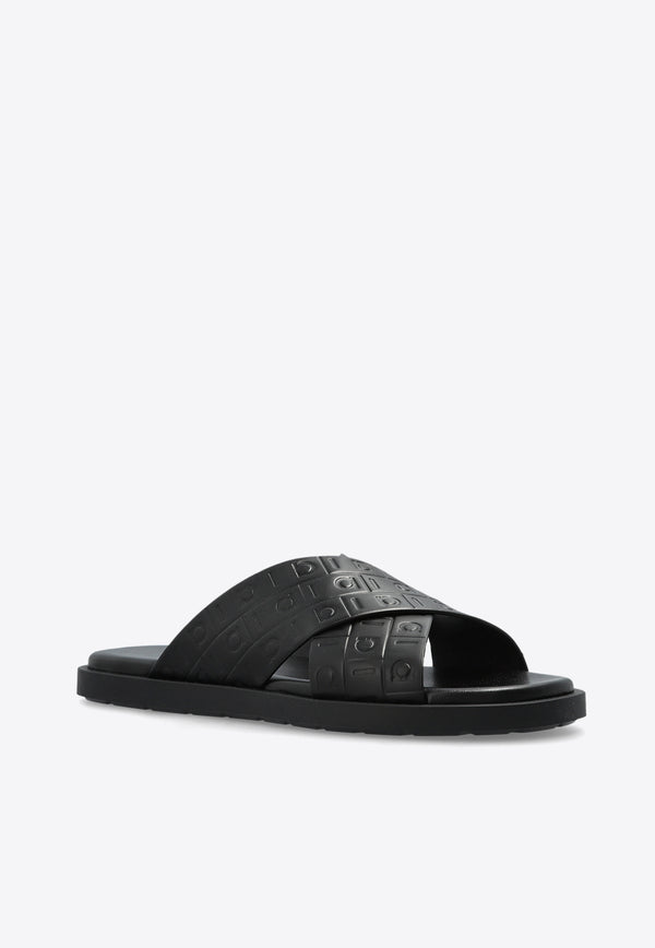 Salvatore Ferragamo Monogram-Embossed Leather Slides 029786 BRISE HUG 778782-NERO