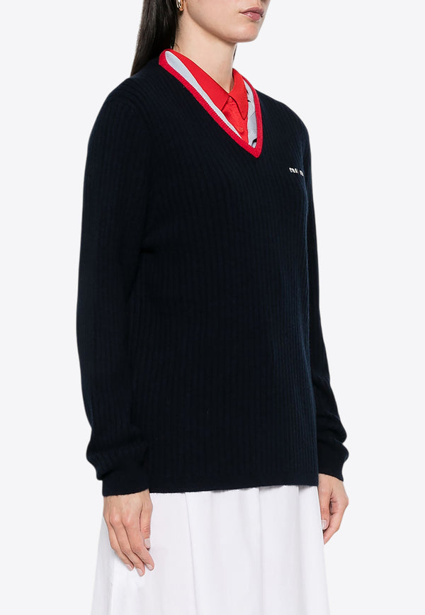 Miu Miu V-neck Cashmere Logo Sweater Navy MMLA33SOOO1580_F059F